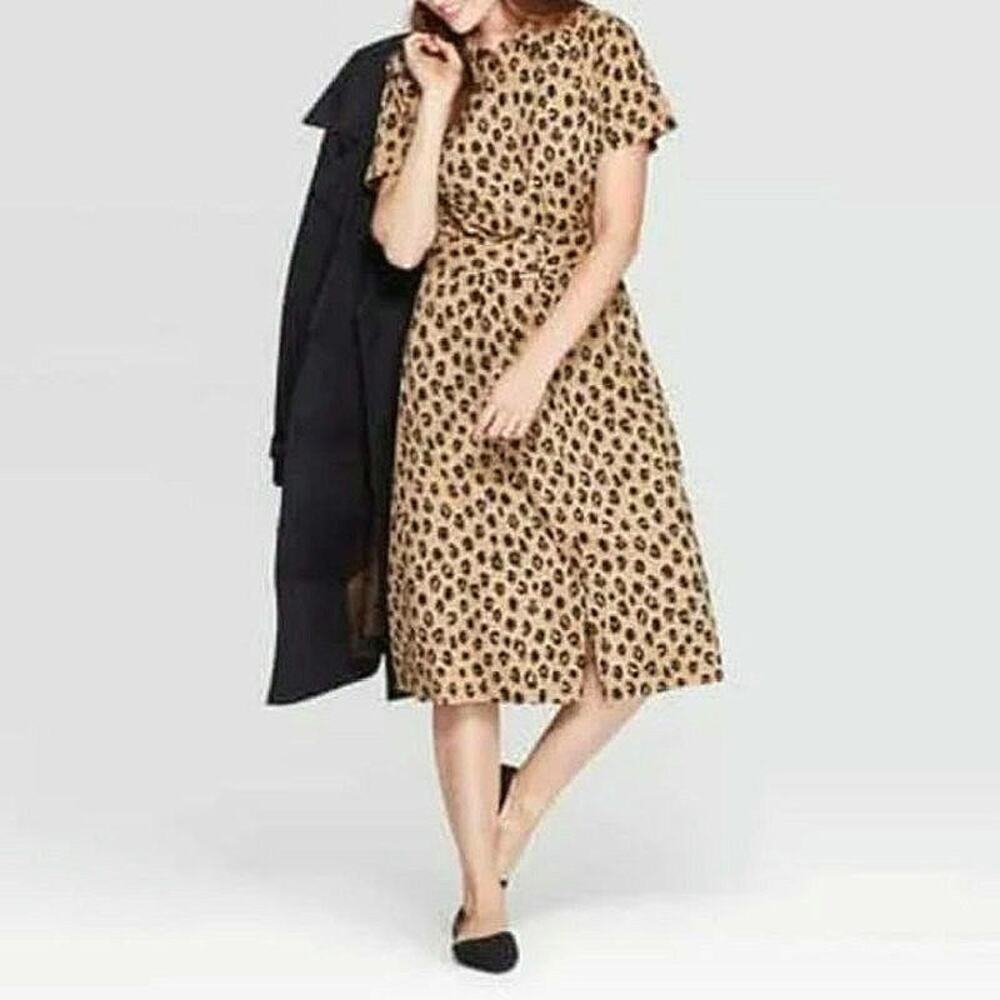 A New Day Leopard Print Dress Tan and Black Short Sleeve Midi Career Wear Small